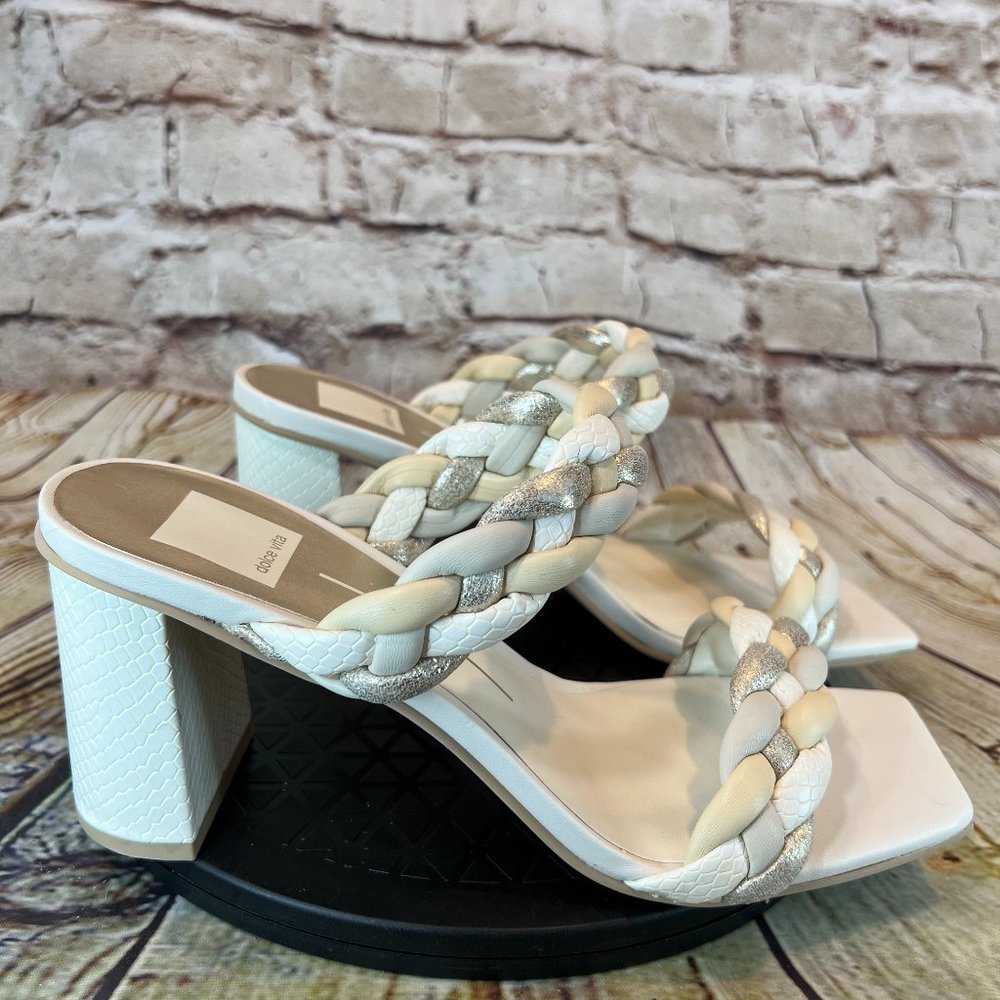 Dolce Vita Braided White Ivory Silver Strap Open Square Toe Block Heels Size 9.5 - Picture 1 of 8